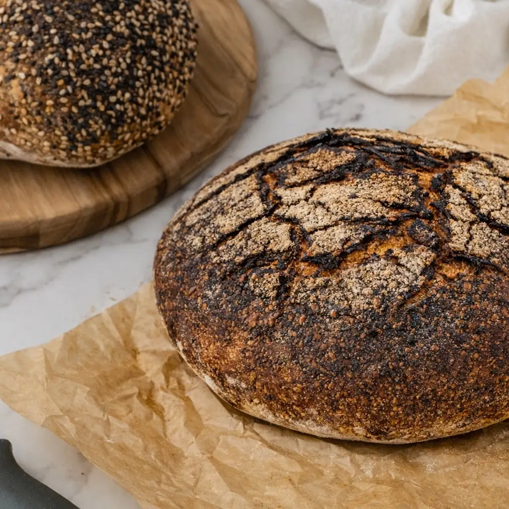 A rye loaf on baking paper, a seeded loaf on a board behind it