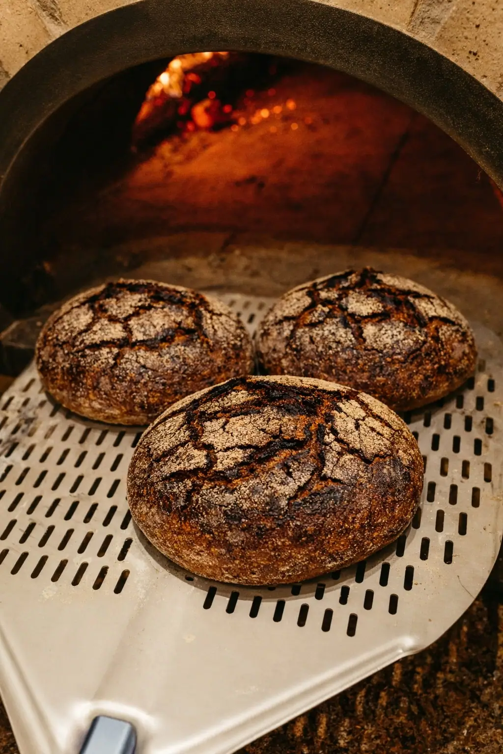 Three rye loaves on a peel at the mouth of the oven